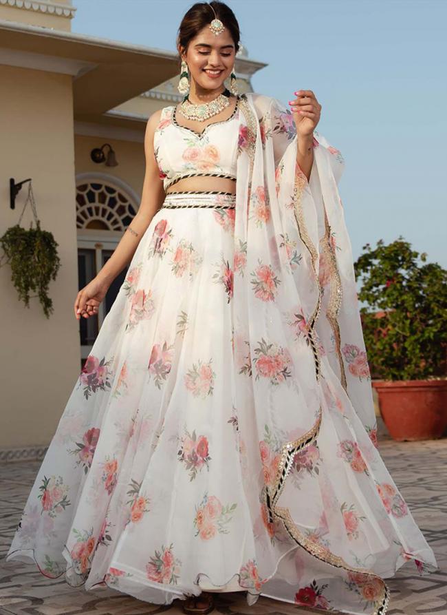 Organza White Party Wear Printed Lehenga Choli